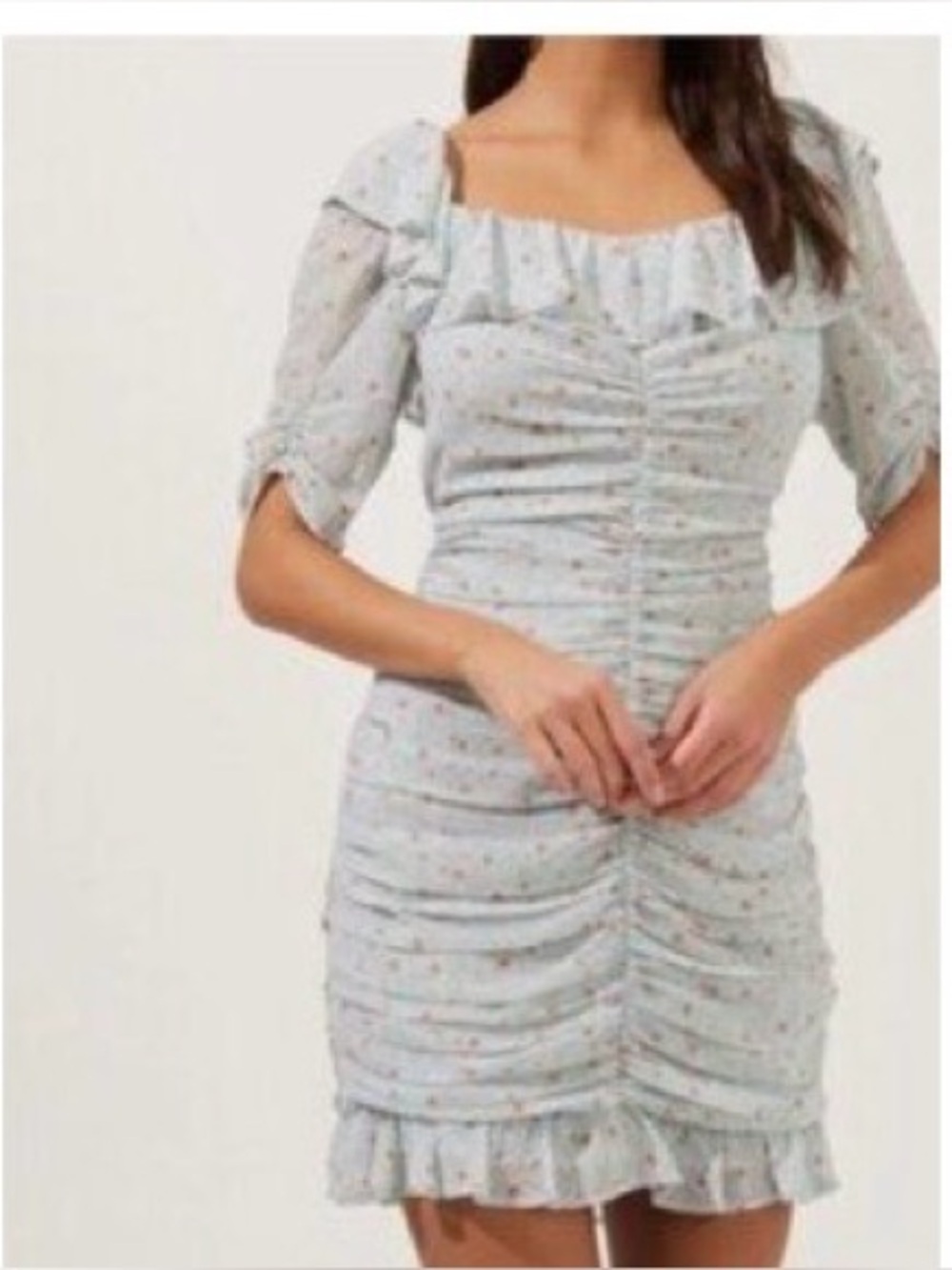 Astr Light Blue Floral Ruched Off-the-Shoulder Mini Dress